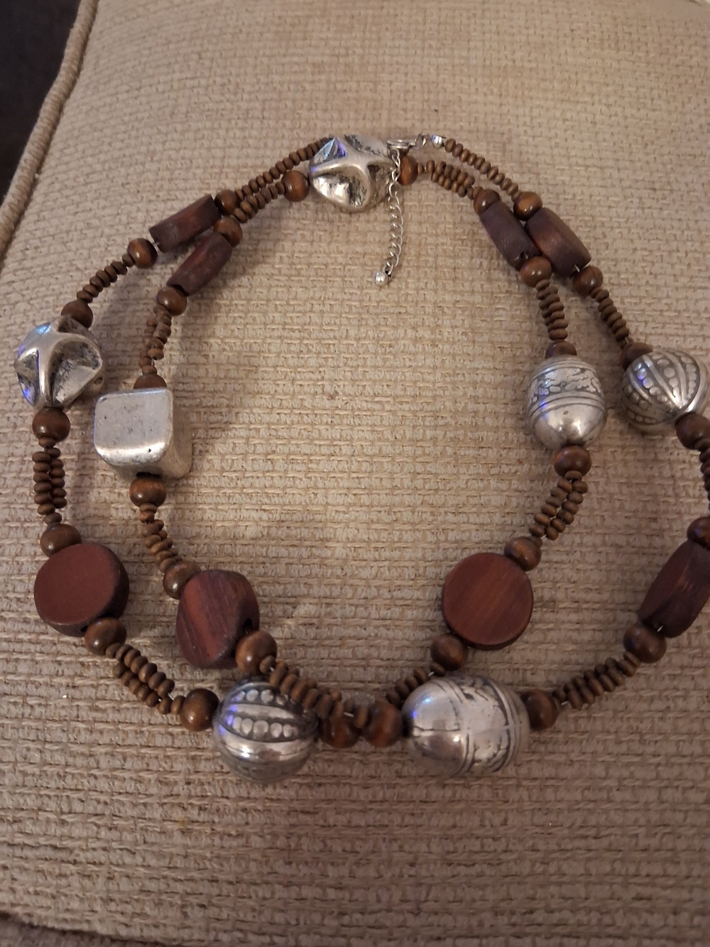 Used Brown Wood and Silver-Tone Layered Beaded Necklace Final Sale NO Refund